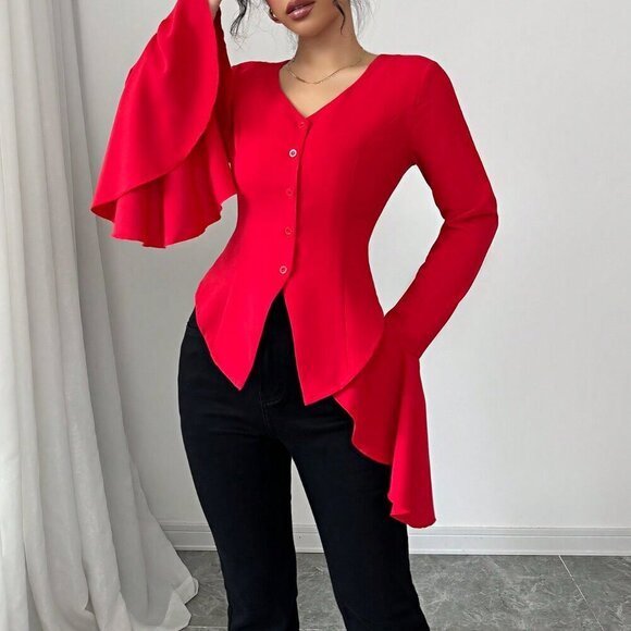 Red Casual Women's V-Neck Exaggerated Flared Sleeve Blouse - Picture 3 of 6